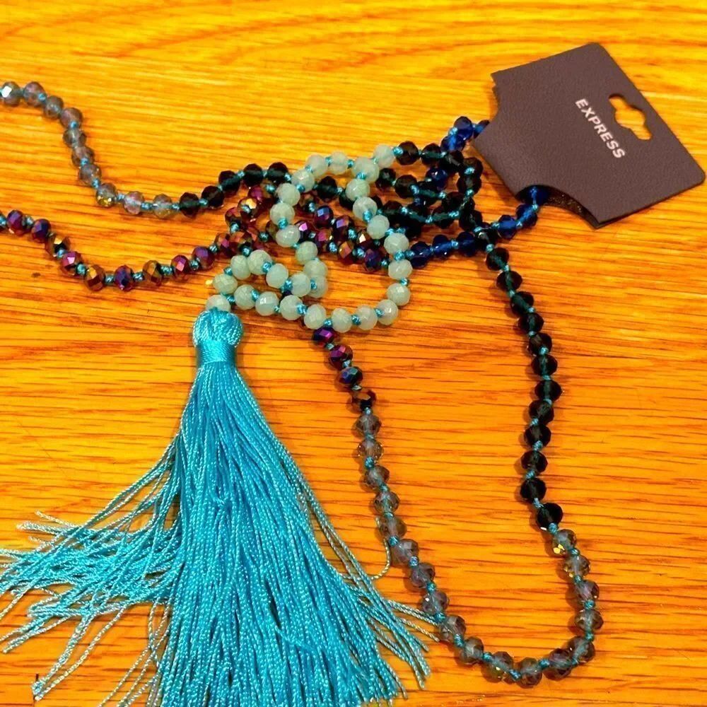 Express crystal beaded long tassel boho necklace